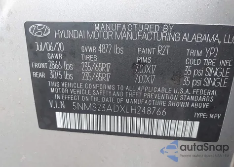 2020 Hyundai Santa Fe Se z USA, uszkodzony, nr VIN 5NMS23ADXLH248766